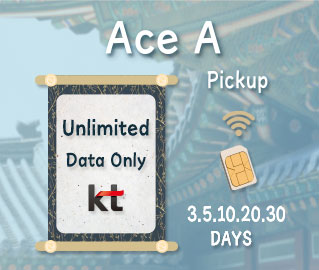 Ace A, Korea SIM card which is offering unlimited data only for 3-DAY and 5-DAY, 10-DAY, 20-DAY, 30-DAY.